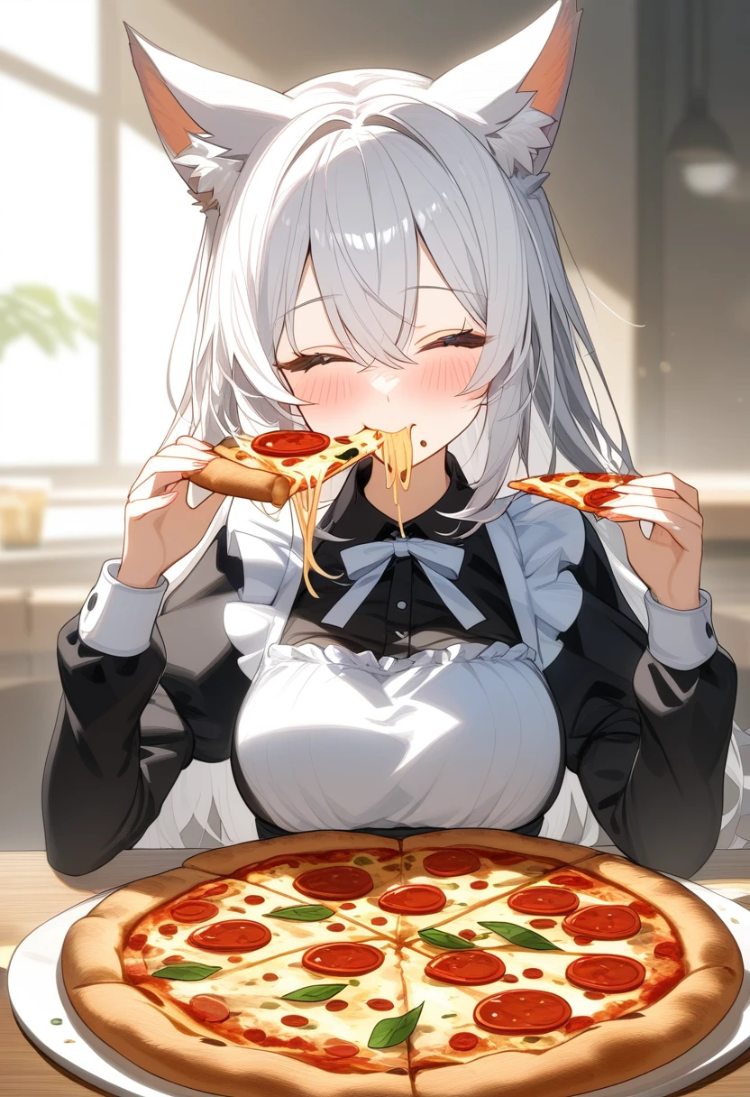 1girl,solo,pizza,holding,food,animal ears,pizza slice,holding food,closed eyes,long hair,long sleeves,upper body,bangs,eating,facing viewer,blush,maid,,white hair,hands up,holding pizza,hood,fox ears,white background,hair between eyes,
highly detailed,best quality,absurdres,detailed,HDR,natural light,