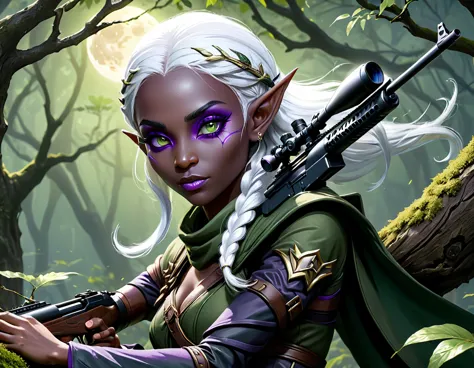 a portrait picture of a 1single female drow elf sniper, lying on a tree branch aiming a sniper rifle, an exotic beautiful elf sn...