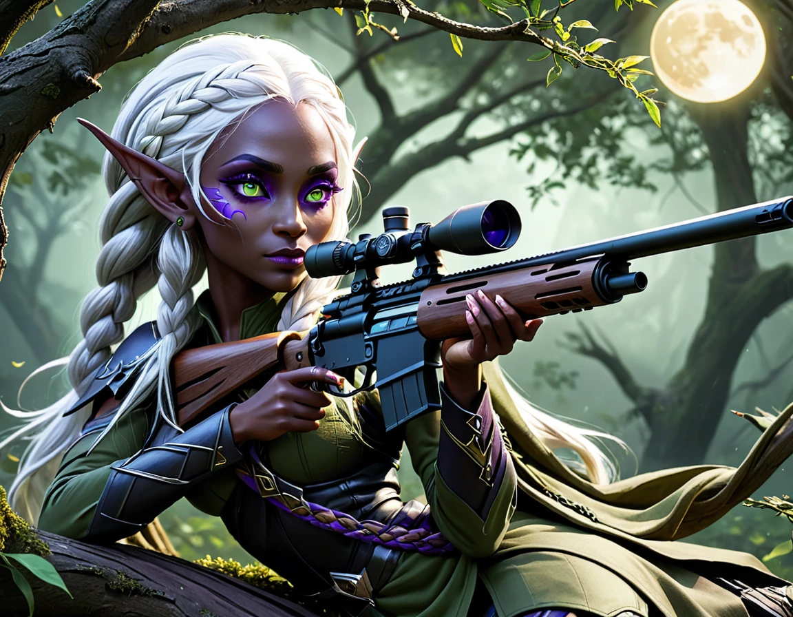 a portrait picture of a 1single female drow elf sniper, lying on a tree branch aiming a sniper rifle, an exotic beautiful elf sniper, white hair, braided hair, (black skin: 1.3),  intense purple eyes, ultra detailed face, small pointed ears, forest green camouflage cloths, on top of a epic fantasy tree, aiming a Barret M82, fantasy fores background, its night time, moon rays, some clouds,  (full body shot: 1.1) , vibrant, Ultra-high resolution, High Contrast, (masterpiece:1.5), highest quality, Best aesthetics), best details, best quality, highres, ultra wide angle, 16k, [ultra detailed], masterpiece, best quality, (extremely detailed) Sniper Rifle, Intense gaze
