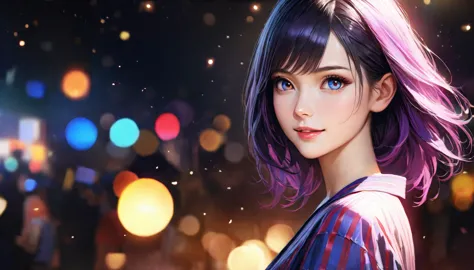 a beautiful girl wearing a yukata standing under the night sky looking at the stars, smiling with a sparkling effect, 1girl, det...