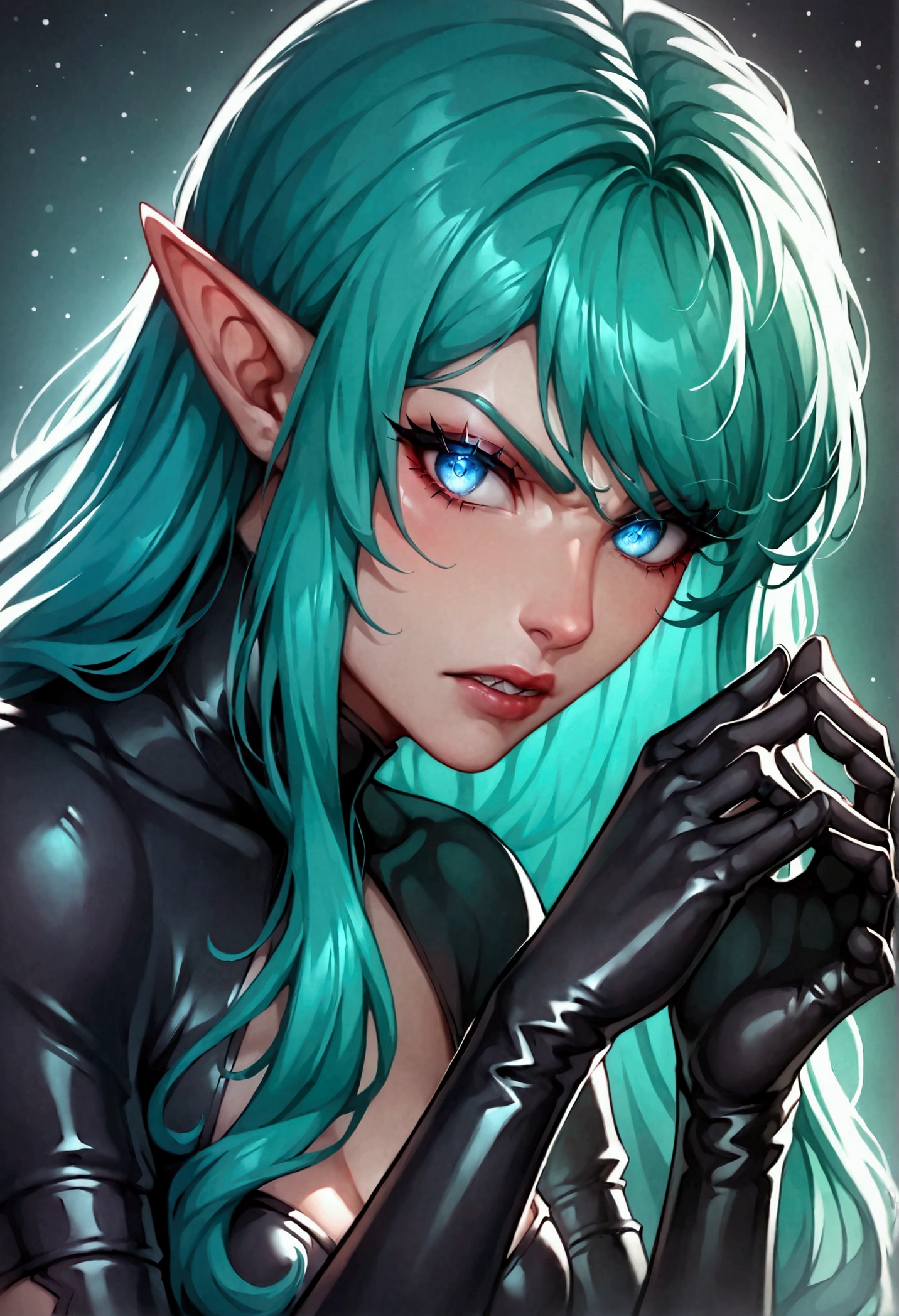 Ram, One girl, Long Hair, Small Corner, Small Corner, Pointed Ears, (Two-tone hair, Green Hair, Aqua Hair), bangs, blue eyes, eye shadow, alone, Thick line drawing, Diamond Aura, Symmetric, thin, Sparks and electric blue fingers, Long latex gloves, Thigh-high boots, leather Thigh-high boots, Long legs, Dominatrix pose, Dark space background, more, (masterpiece:1.4), (Highest quality:1.2), (Super detailed:1.3), High resolution, Very detailed, unity 8k wallpaper, Intricate details, Absurd, Sparkling, score_7_superior, score_8_superior, score_9_superior, anime coloring, sauce_anime, ＪＫ, Savage angry girl, Beautiful attention to detail, Beautiful lip detail, Very detailed eyes and face, Long eyelashes, baring sharp teeth, Dramatic expressions of anger, Dark and gloomy atmosphere, Dramatic lighting, Dark fantasy, Digital Painting, Cinematic, Calm colors, Rich texture, 8k, High resolution,