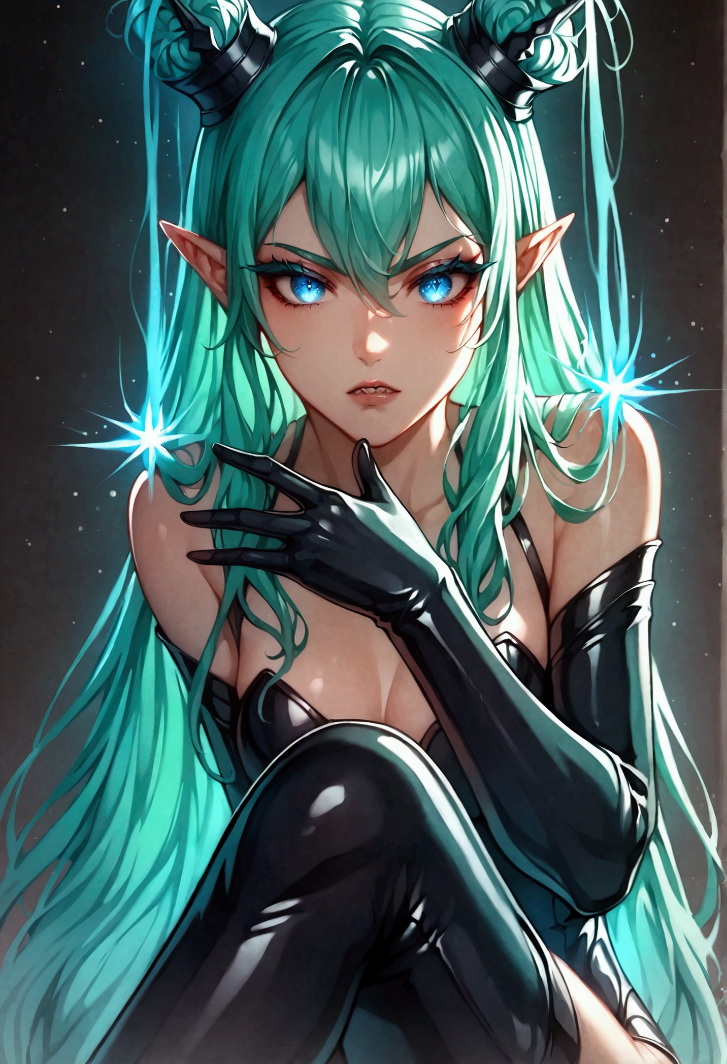 Ram, One girl, Long Hair, Small Corner, Small Corner, Pointed Ears, (Two-tone hair, Green Hair, Aqua Hair), bangs, blue eyes, eye shadow, alone, Thick line drawing, Diamond Aura, Symmetric, thin, Sparks and electric blue fingers, Long latex gloves, Thigh-high boots, leather Thigh-high boots, Long legs, Dominatrix pose, Dark space background, more, (masterpiece:1.4), (Highest quality:1.2), (Super detailed:1.3), High resolution, Very detailed, unity 8k wallpaper, Intricate details, Absurd, Sparkling, score_7_superior, score_8_superior, score_9_superior, anime coloring, sauce_anime, ＪＫ, Savage angry girl, Beautiful attention to detail, Beautiful lip detail, Very detailed eyes and face, Long eyelashes, baring sharp teeth, Dramatic expressions of anger, Dark and gloomy atmosphere, Dramatic lighting, Dark fantasy, Digital Painting, Cinematic, Calm colors, Rich texture, 8k, High resolution,