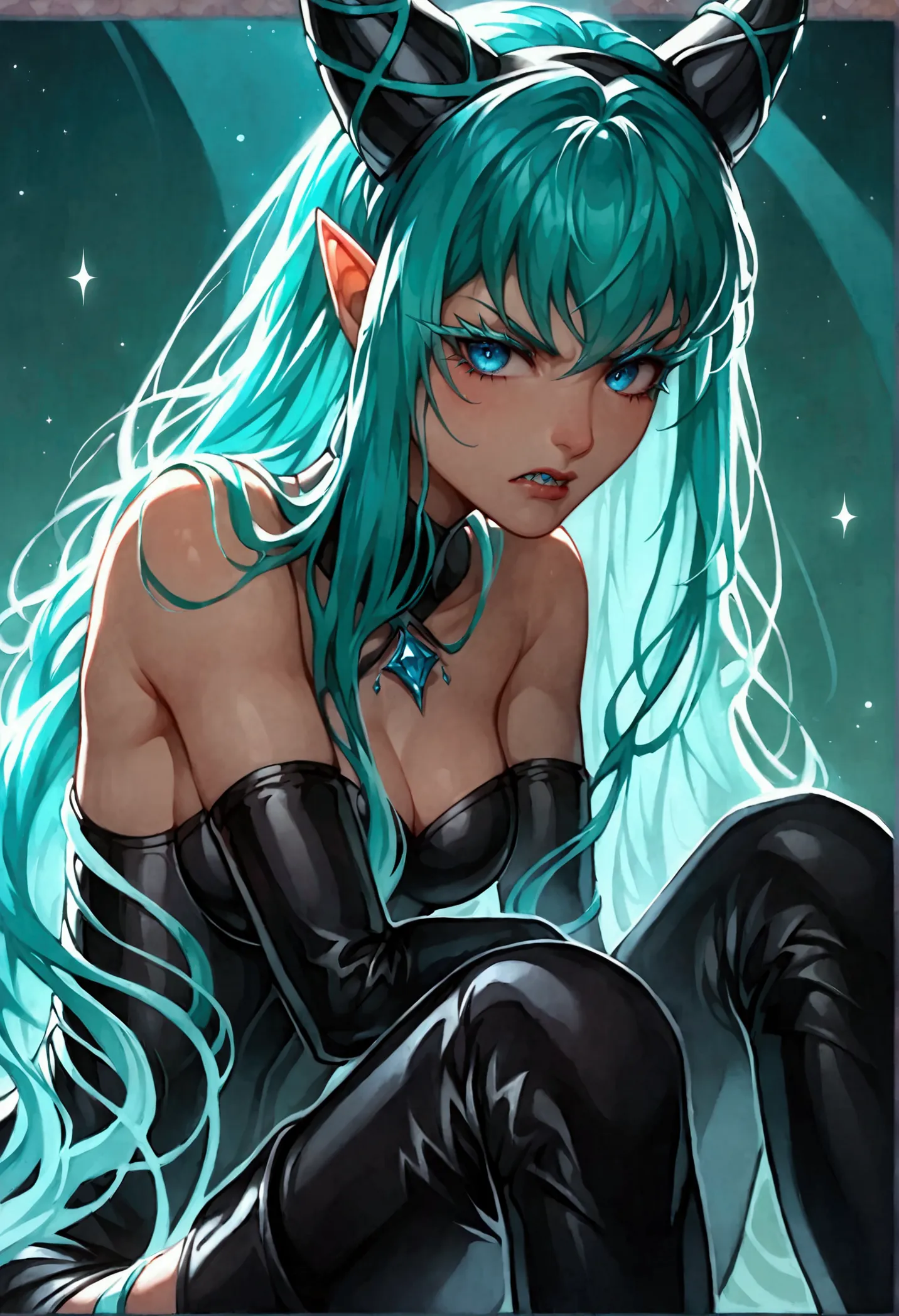 ram, one girl, long hair, small corner, small corner, pointed ears, (two-tone hair, green hair, aqua hair), bangs, blue eyes, ey...