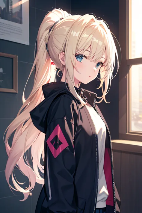 anime color 1 girl, ((17 years old)),slim long windbreaker,, long wavy ponytail, (masterpiece), (highly detailed cg unity 8k wal...