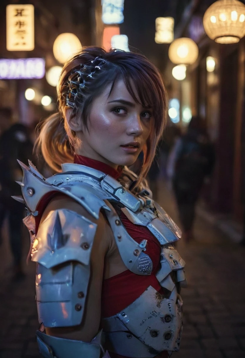 (realistic analog style sharp focus 8k raw photo with soft lighting and high quality:1.1), (hdr film grain:1.2),movie poster, a cute woman wearing a shiny (textured:1.2) (intricate:1.2) cyborgcosplay in a dark street at night, (cinematic hairstyle:1.2)
