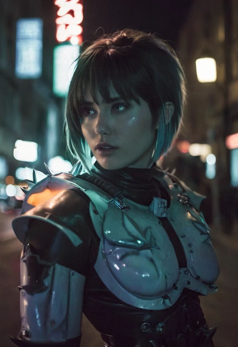 (realistic analog style sharp focus 8k raw photo with soft lighting and high quality:1.1), (hdr film grain:1.2),movie poster, a cute woman wearing a shiny (textured:1.2) (intricate:1.2) cyborgcosplay in a dark street at night, (cinematic hairstyle:1.2)
