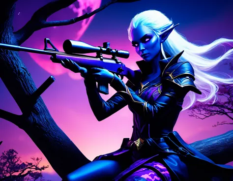 a portrait picture of a 1single female drow elf sniper, lying on a tree branch aiming a sniper rifle, an exotic beautiful elf sn...