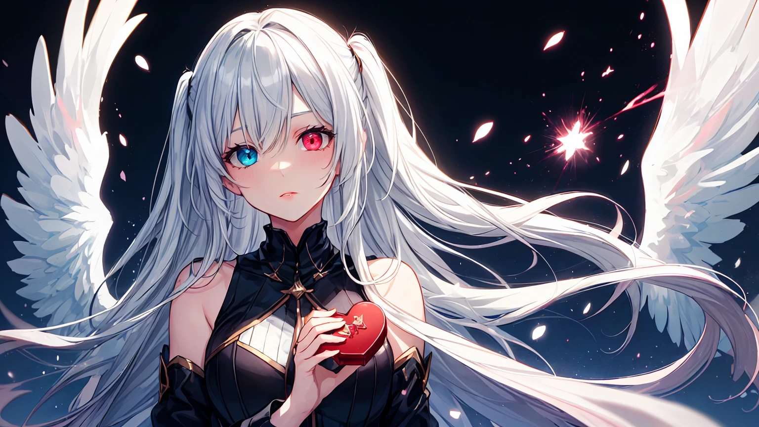 High Contrast, One girl, Luminous Valentine,Silver Hair, blue eyes, (Heterochromia iridis),(right eye,Red eyes),(left eye,blue eyes), Casting a Spell, forest, fireball, shine, Particles of light, angel