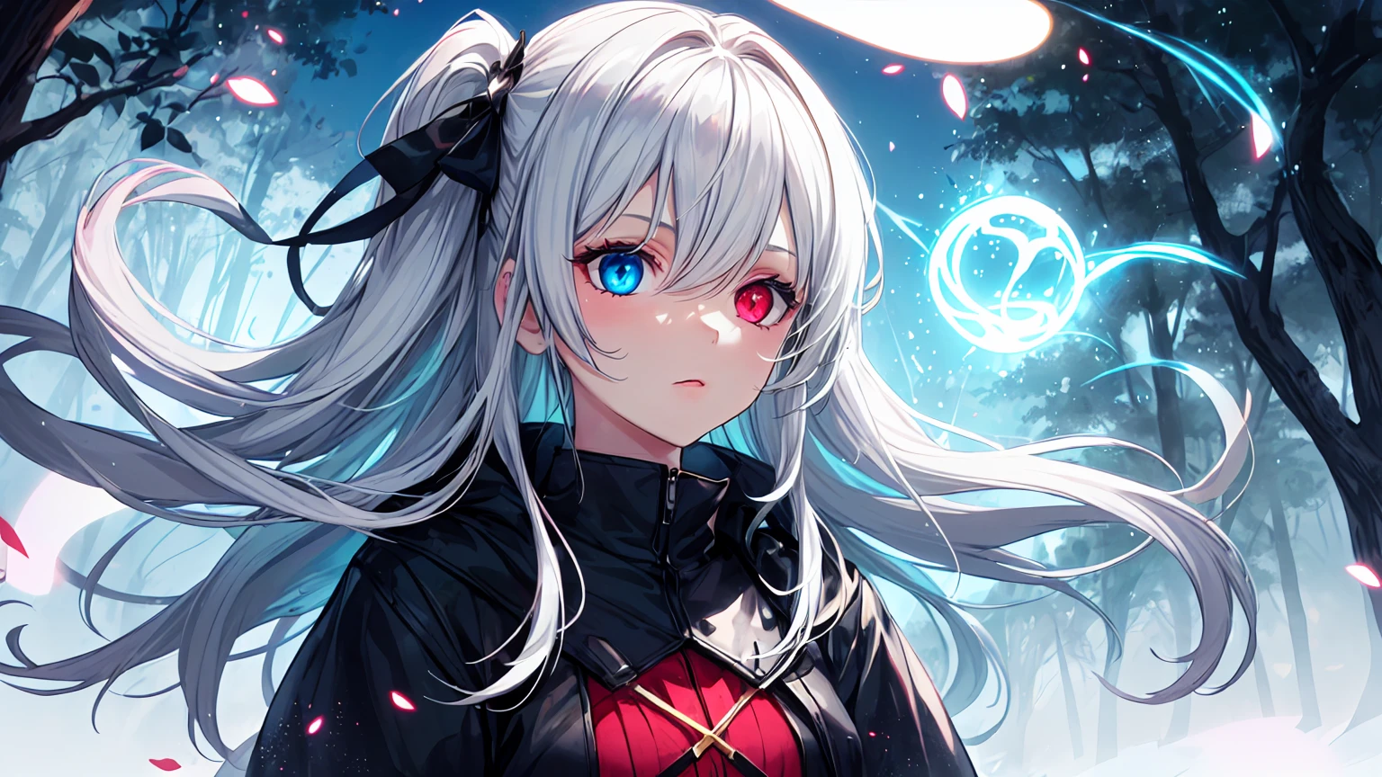 High Contrast, One girl, Luminous Valentine,Silver Hair, blue eyes, (Heterochromia iridis),(right eye,Red eyes),(left eye,blue eyes), Casting a Spell, forest, fireball, shine, Particles of light, angel