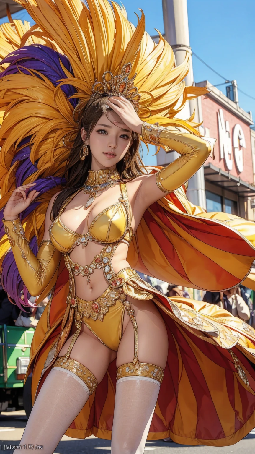 Highest quality, Official Art, masterpiece, Fabric Shading, High resolution, Very detailed, colorful, Best details, High leg samba micro costume:1.5, microwave good:1.9 Yuki Mori:1.5, 1 female, Age 25, Brown Hair, Medium Hair,Big Ass:1.9, {{{{{Dancing vigorously in the parade:1.9}}}}}, A bustling boulevard, sunny, skinny, {{Surrounded by a bunch of male photographers:1.9}}, She is being photographed by many male photographers.:1.7, A blizzard is falling, Blessed, welcome:1.5, Camel Toe:1.9, Ground level shot,