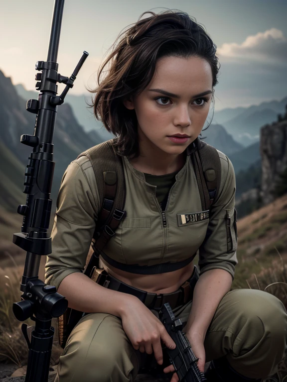 a highly detailed portrait of Daisy Ridley as a sniper, beautiful detailed eyes, beautiful detailed lips, extremely detailed eyes and face, long eyelashes, military uniform, midriff, holding a scoped rifle, holding a rifle, aiming rifle at viewer, assassin, crouching in a sniper position, building terrain, moody dramatic lighting, cinematic composition, photorealistic, 8k, hyper detailed