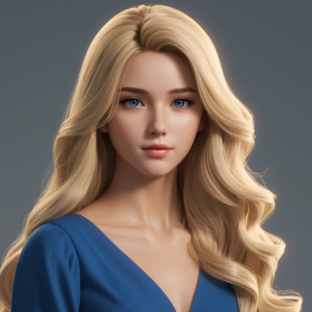 blonde woman with long hair and blue dress posing for a photo, realistic anime art style, photorealistic rendering of anime girl, soft anime cg art, anime realism style, realistic art style, young realistic anime, cute digital painting, realistic 3d anime style, cute anime portrait, realistic anime art style, close-up character portrait, realistic 3d anime, anime style portrait