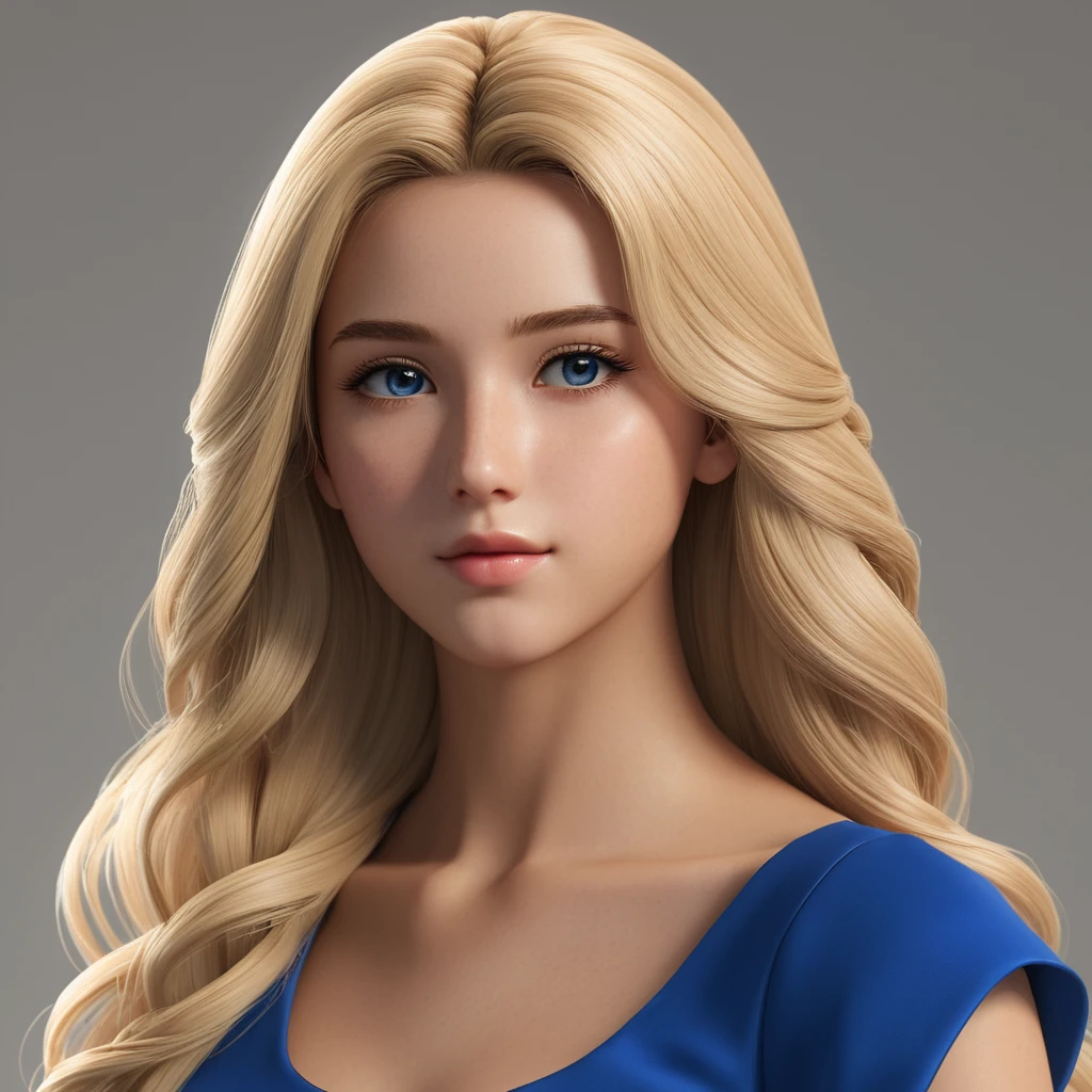 blonde woman with long hair and blue dress posing for a photo, realistic anime art style, photorealistic rendering of anime girl, soft anime cg art, anime realism style, realistic art style, young realistic anime, cute digital painting, realistic 3d anime style, cute anime portrait, realistic anime art style, close-up character portrait, realistic 3d anime, anime style portrait