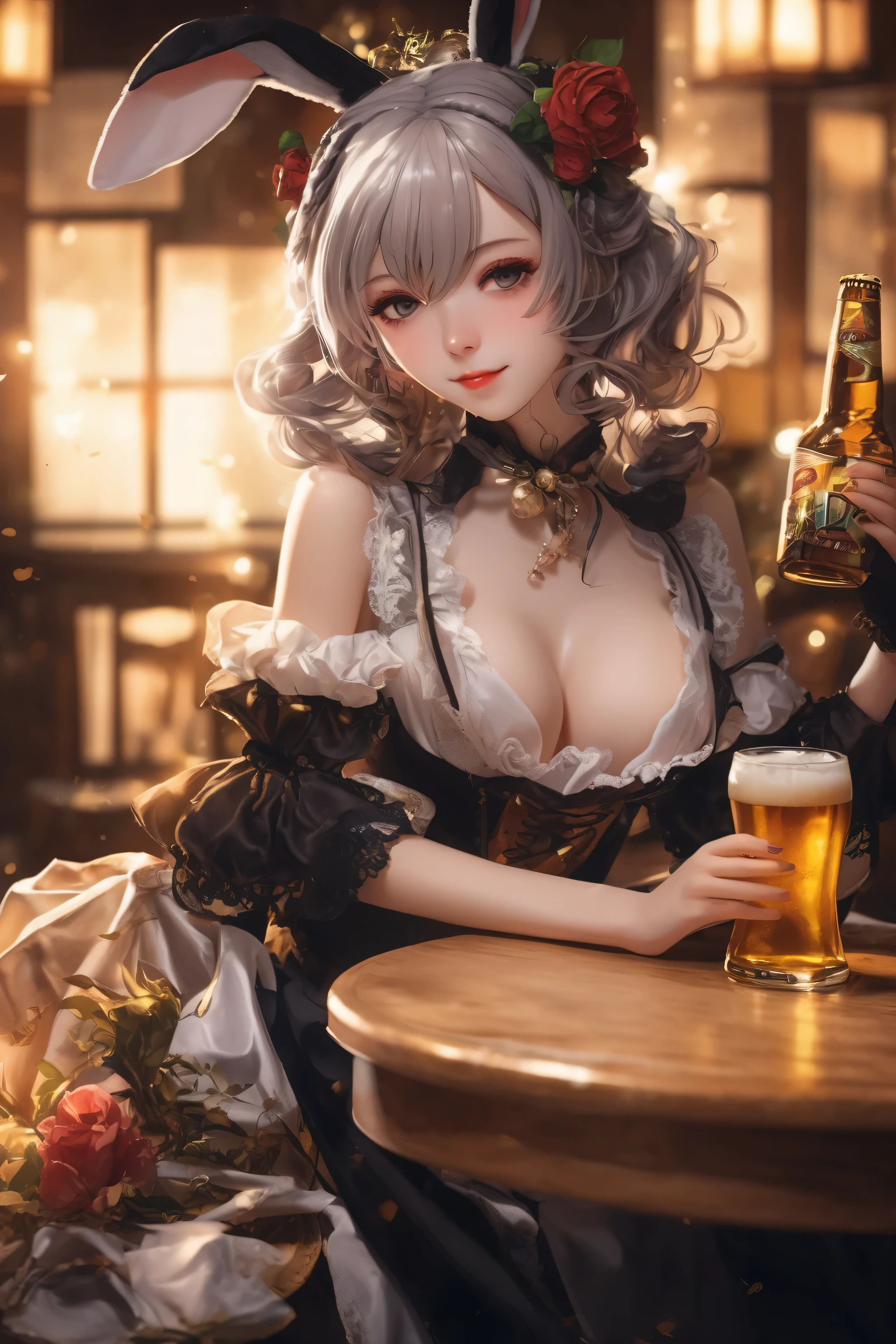 A woman wearing bunny ears sits at the table，holding beer in hand, seductive anime girl, Beautiful charming anime woman, Anime girl wearing maid outfit, Exquisite details. Girls&#39; Frontline, Popular topics on cgstation, have a drink, from Girls&#39; Frontline, Oppei Cyberpunk, artwork in the style of Guvez, Ayaka Genshin impact, Guvez