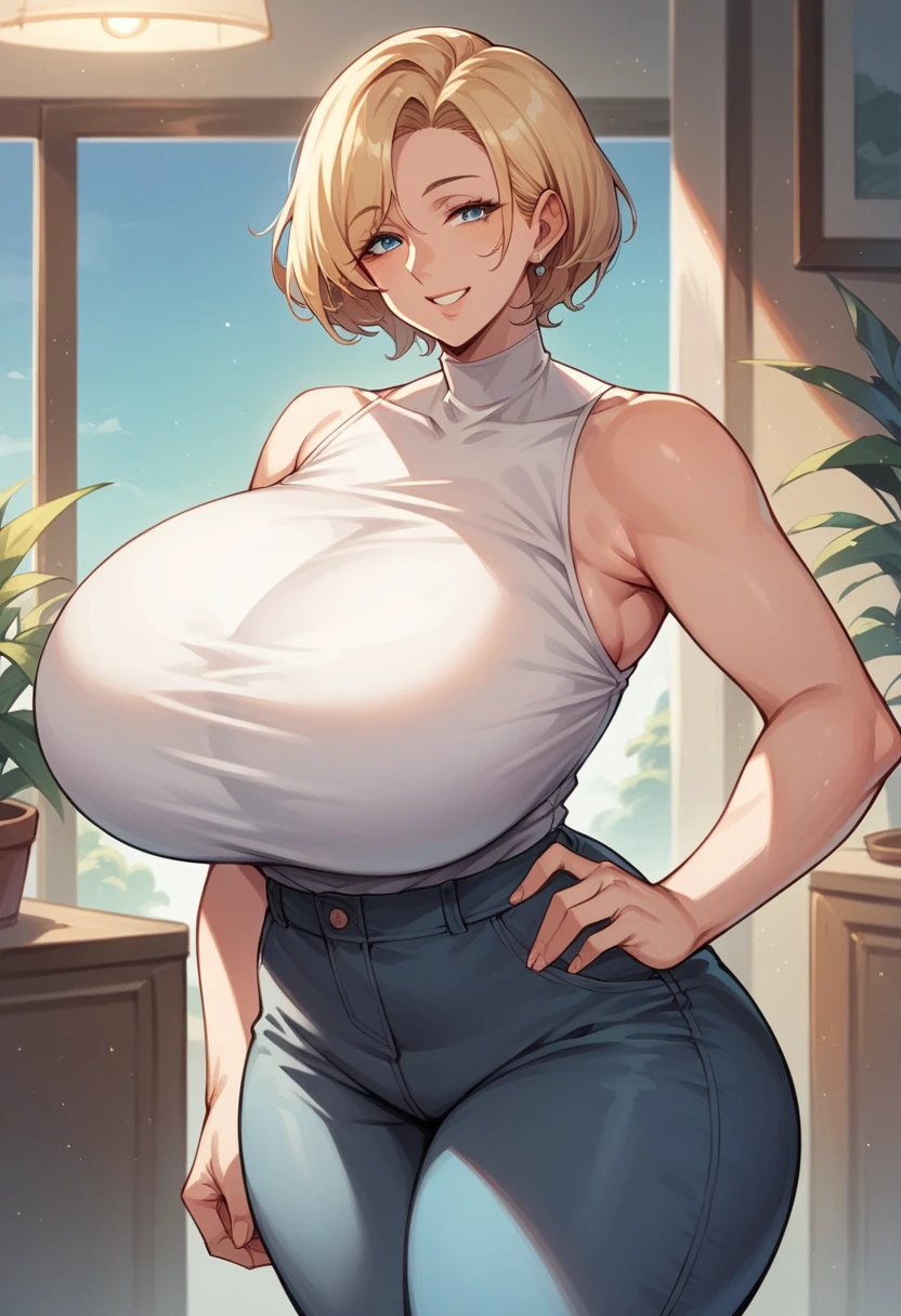 score_9, score_8_up, score_7_up, score_6_up, milf, {{Ultra-Gigantic breasts}}, wide hips, curvy, straight hair, short hair, blonde hair, blue eyes, white shirt, Sleeveless shirt, pants, indoors, standing, looking at viewer, smile