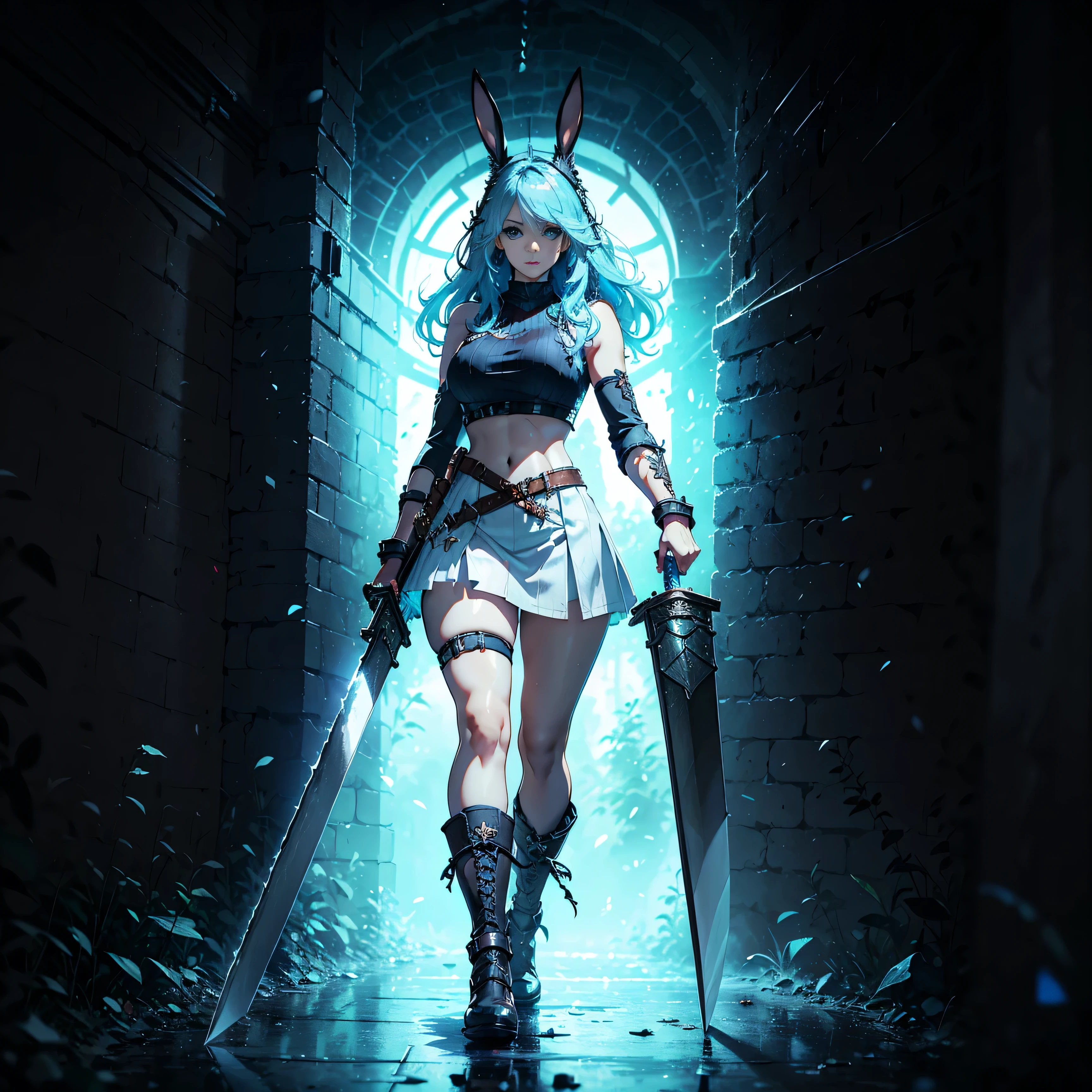 1girl, (solo), FFXIV_Viera, long hair, light blue hair, long rabbit ears, blue eyes, serious, arrogant, small lips, big breasts, big tall, white crop top, deep neckline, white skirt, black boots, ((buster_sword, huge_sword, holding_sword, dual_wielding)):6, white skin, full body, arena, storm, (days), (very sexy body, detailed face, detailed eyes, masterpiece, highly detailed, 8k, best quality, vibrant colors, digital art, concept art)