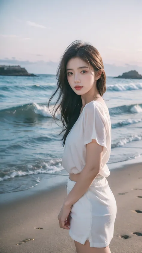 create a serene portrait of a young woman (look forward) on a beach. she is wearing a loose-fitting white blouse, paired with a ...