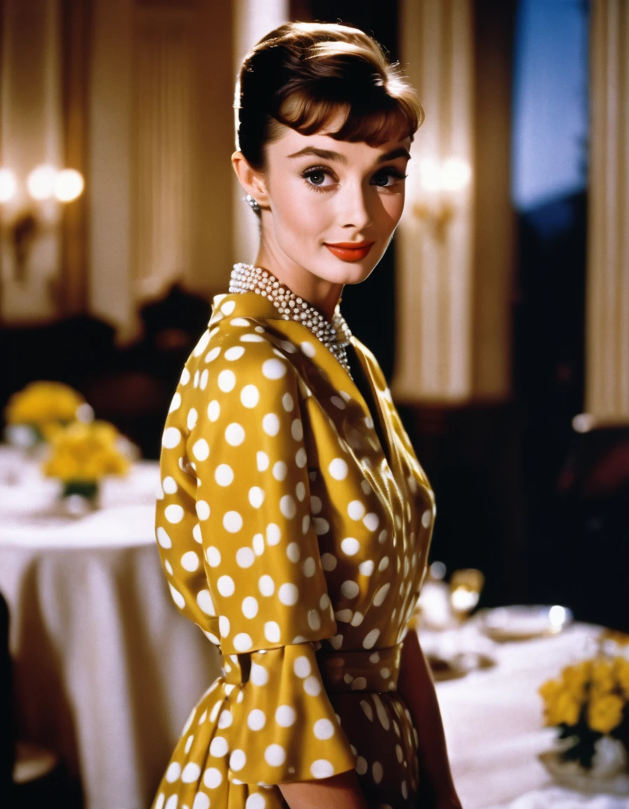 (masterpiece, Highest quality, Ultra-realistic, RAW Photos, Super detailed, Very detailed, Exquisitely crafted), (Realistic:1.4), (photography of Audrey Hepburn wearing a fashionable Polka dot wrap dress with flutter sleeves, Designed by Hubert de Givenchy), (smile), Fairy, Pure, Innocent, beauty, (thin), Supermodel, Adol, Breakfast at Tiffany's, sabrina, (slide_fashion), Depth of written boundary, (Full Shot), Film Grain, Zeiss Lenses, Symmetric, 8k resolution, Octane Rendering, Extremely high resolution detail, Fine texture, Dynamic Angle,