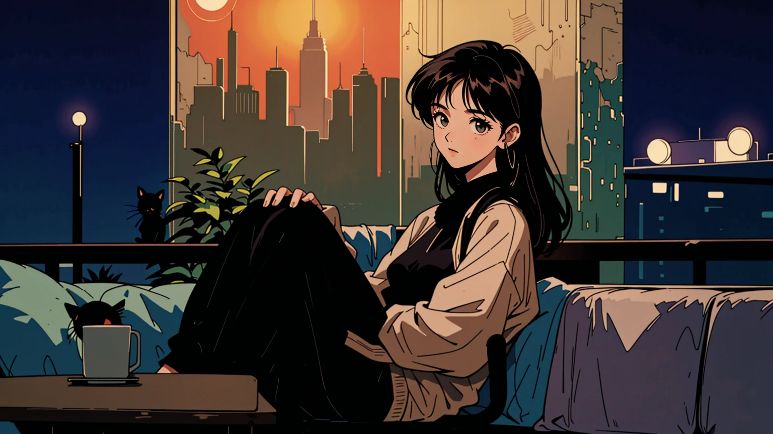 best quality, 8k, 1990s style,2010s hairstyles, 21 year old girl, black hair, long hair, light brown eyes, city pop, pants ,night view, wearing headphones, whole body,  relax coffee,table,confection,Looking at me, Black cat, girl studying
