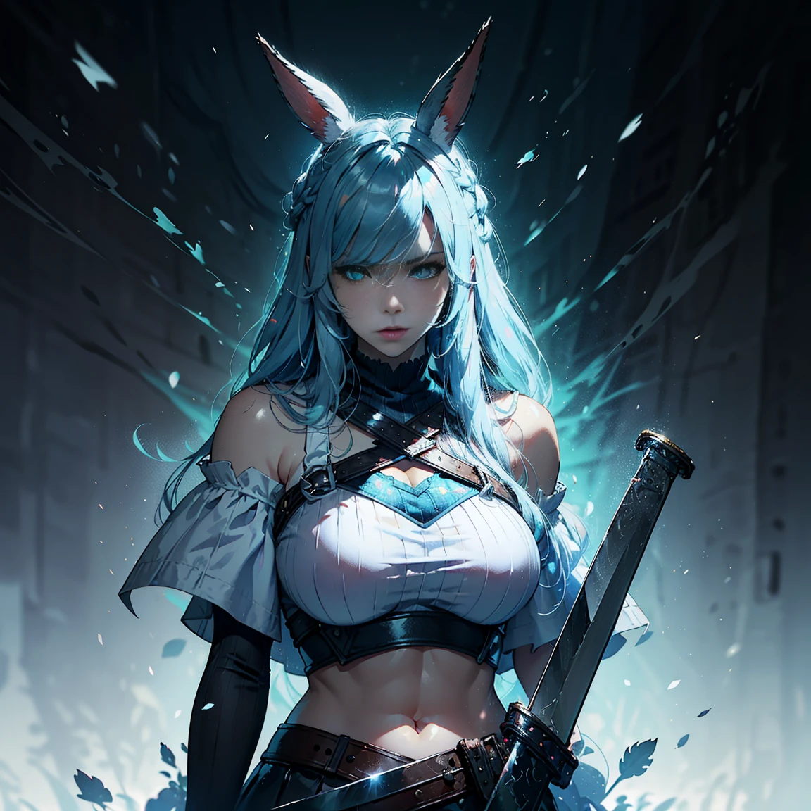 1fille, (seulement), ffxiv_foi, cheveux longs, cheveux bleu clair, longues oreilles de lapin, yeux bleus, sérieux, arrogant, petites lèvres, Gros seins, Grande hauteur, haut court blanc, décolleté profond, jupe blanche, bottes noires, ((mec_épée, Énorme_épée, holding_épée, épée_sur_épaule)):6, peau blanche, tout le corps, arène, Tempête, (jours), (corps très sexy, Visage détaillé, yeux détaillés, chef-d&#39;œuvre, très détaillé, 8k, Meilleure qualité, couleurs vives, art numérique, art conceptuel)