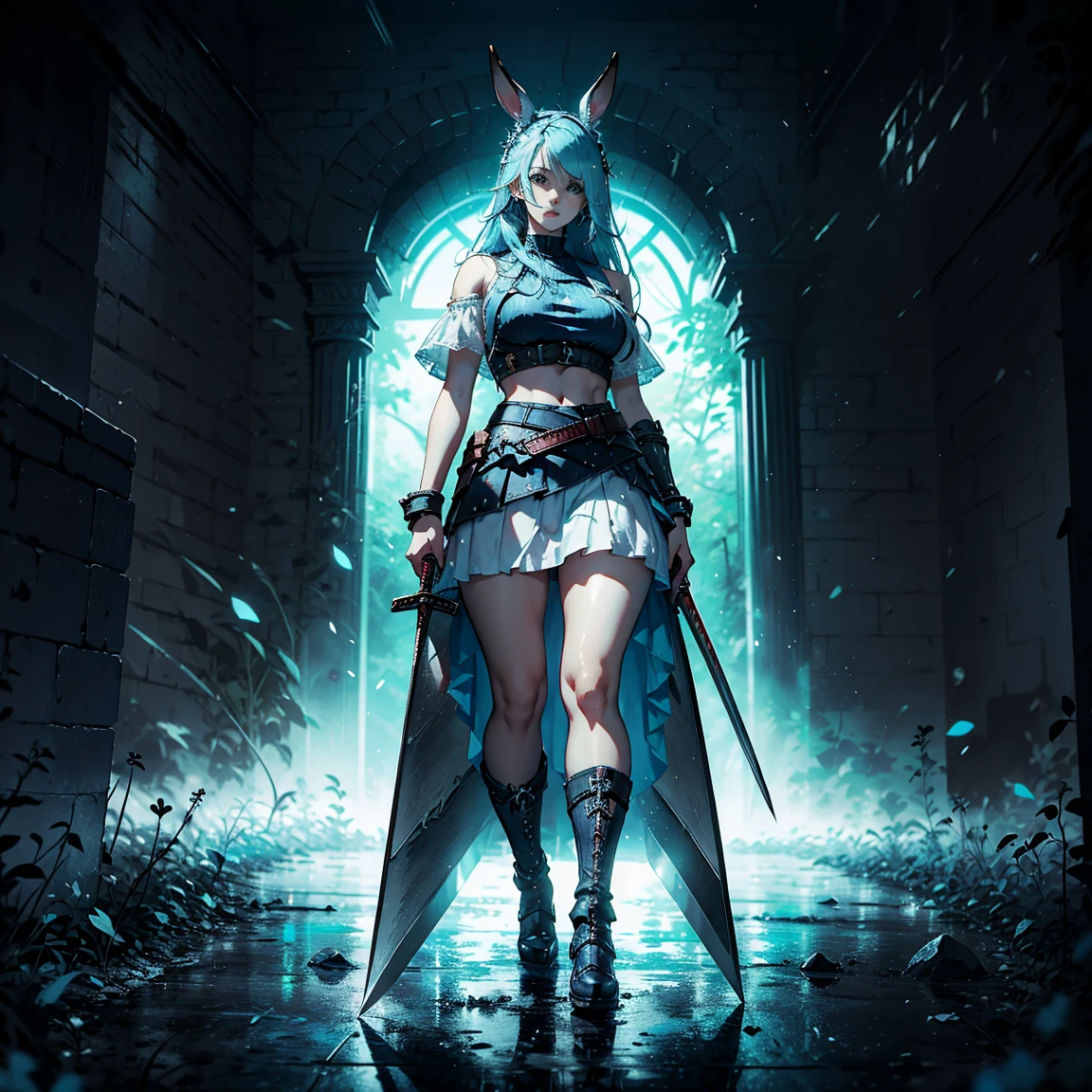 1girl, (solo), FFXIV_Viera, long hair, light blue hair, long rabbit ears, blue eyes, serious, arrogant, small lips, big breasts, big tall, white crop top, deep neckline, white skirt, black boots, ((buster_sword, huge_sword, holding_sword, sword_over_shoulder)):6, white skin, full body, arena, storm, (days), (very sexy body, detailed face, detailed eyes, masterpiece, highly detailed, 8k, best quality, vibrant colors, digital art, concept art)