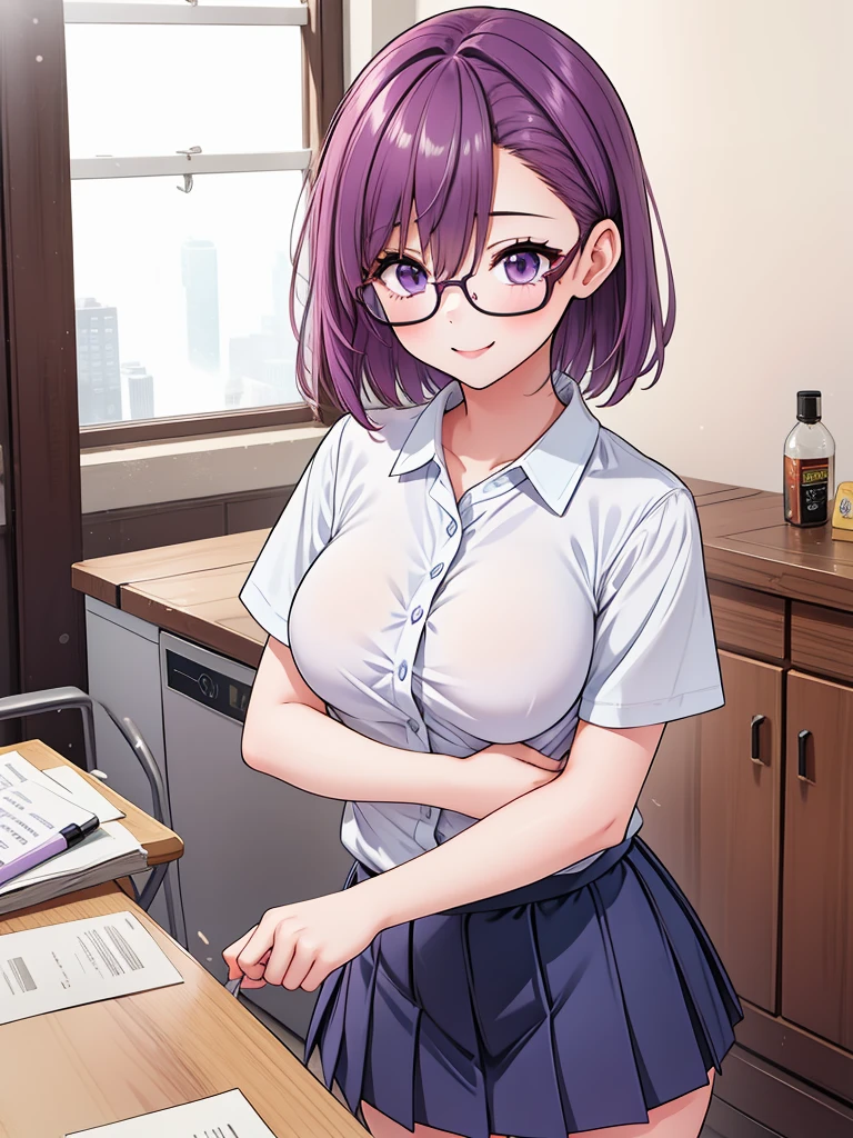 1girl, cowboy shot,porn, smile, glasses, 
nitengojigen_ririsa, purple eyes, purple hair, short hair, bangs, lace underwear, short sleeves, Show your breasts,sex, pleated skirt, best quality, masterpiece, highres, sleep position,