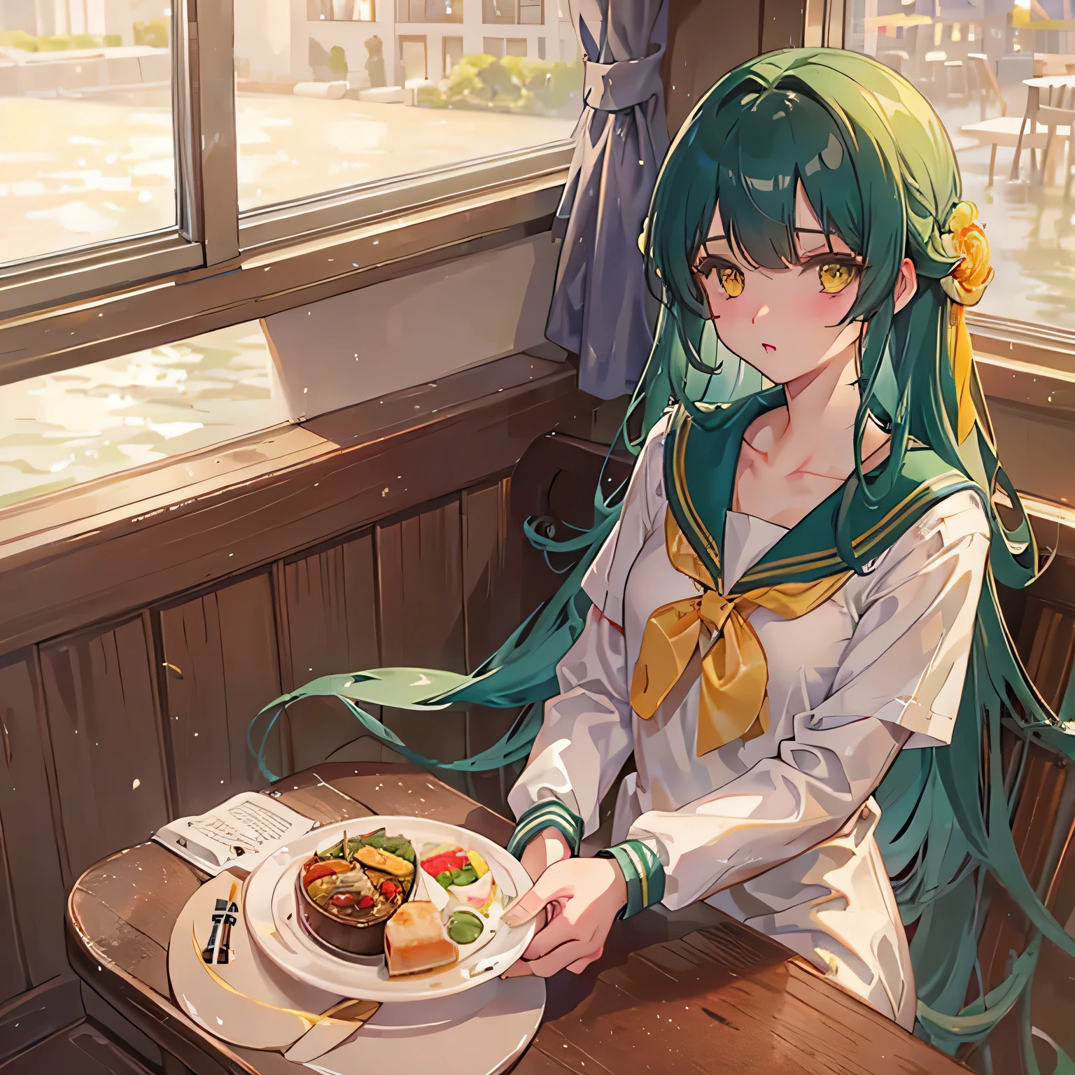 top quality,Perfect Face, long dark green hair, yellow eyes, collarbone，Sailor Suit、 Dating your loved one is an occasion for a special day.。Enjoy lunch or dinner at your favorite cafe or restaurant，Or watch a romantic，Make your time special.。