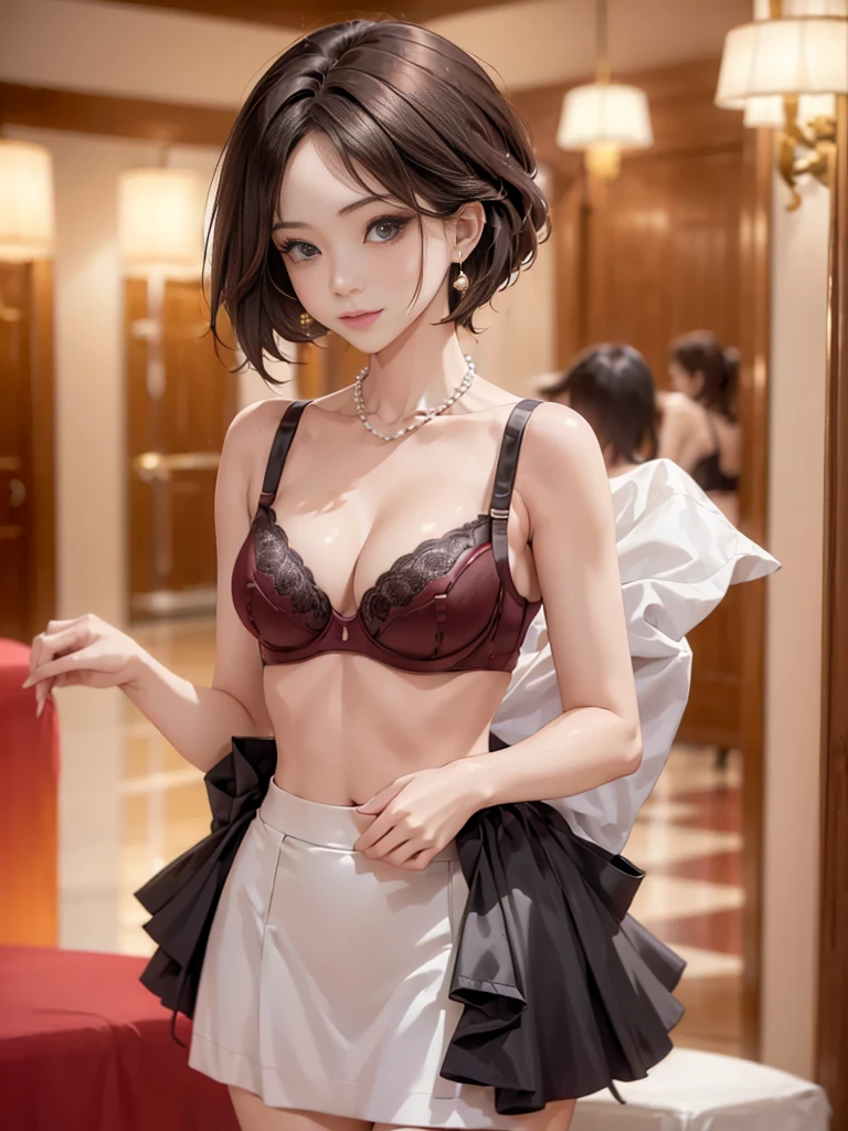 (show bra:1.8),(Neat women in formal wear in the hotel lobby.:1.3) They are wearing pearl necklaces and earrings. They carry small black bags.beautiful eyes.One female voice is wearing a party dress revealing her shoulders.Beautiful face. Very realistic photographs.Small but beautiful breast shape. A little cleavage is visible.There are a lot of people around.Dresses in different colours and shapes.,asian girl