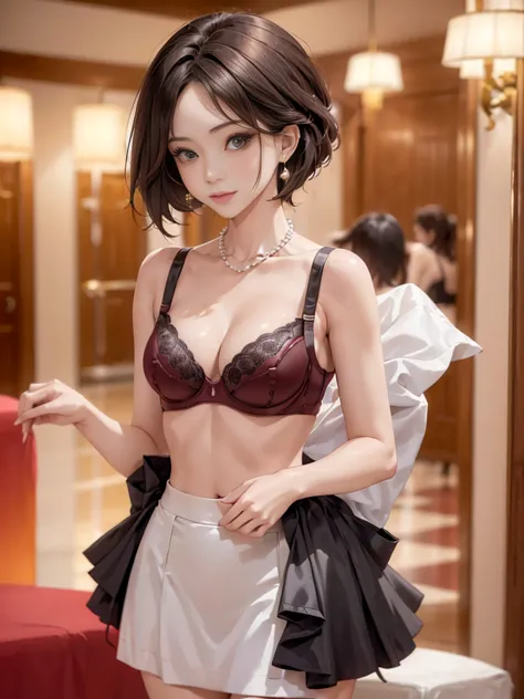 (show bra:1.8),(neat women in formal wear in the hotel lobby.:1.3) they are wearing pearl necklaces and earrings. they carry sma...