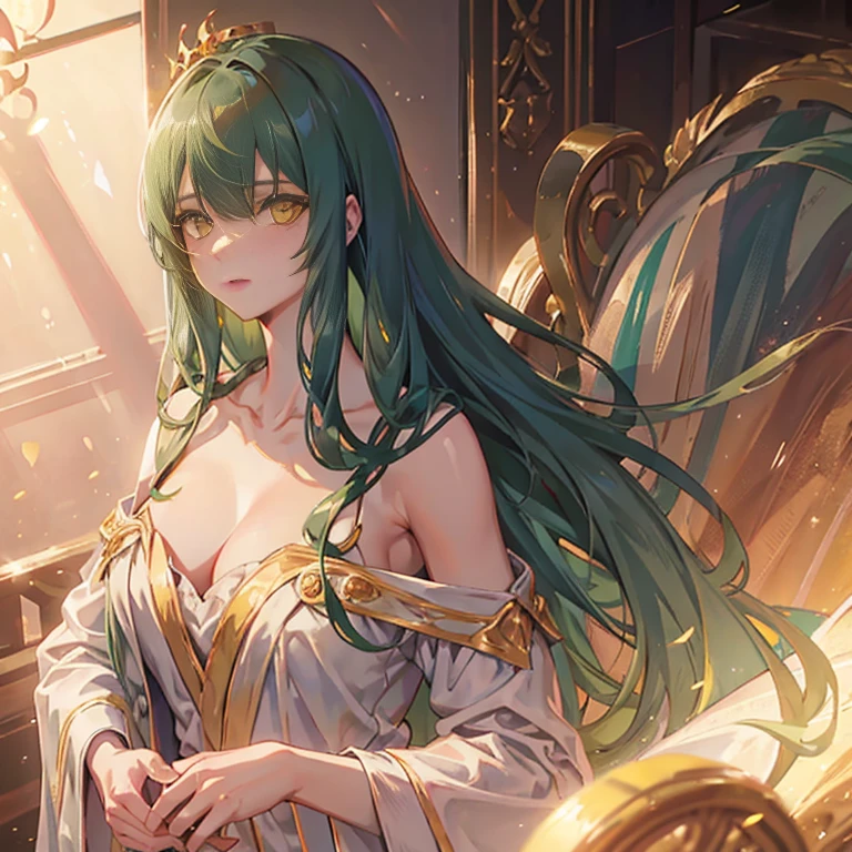 top quality,Perfect Face, long dark green hair, yellow eyes, collarbone，Master of Light and Shadow，crown，Royal robe，In the luxurious palace