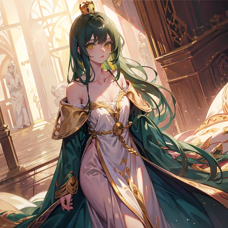 top quality,Perfect Face, long dark green hair, yellow eyes, collarbone，Master of Light and Shadow，crown，Royal robe，In the luxurious palace