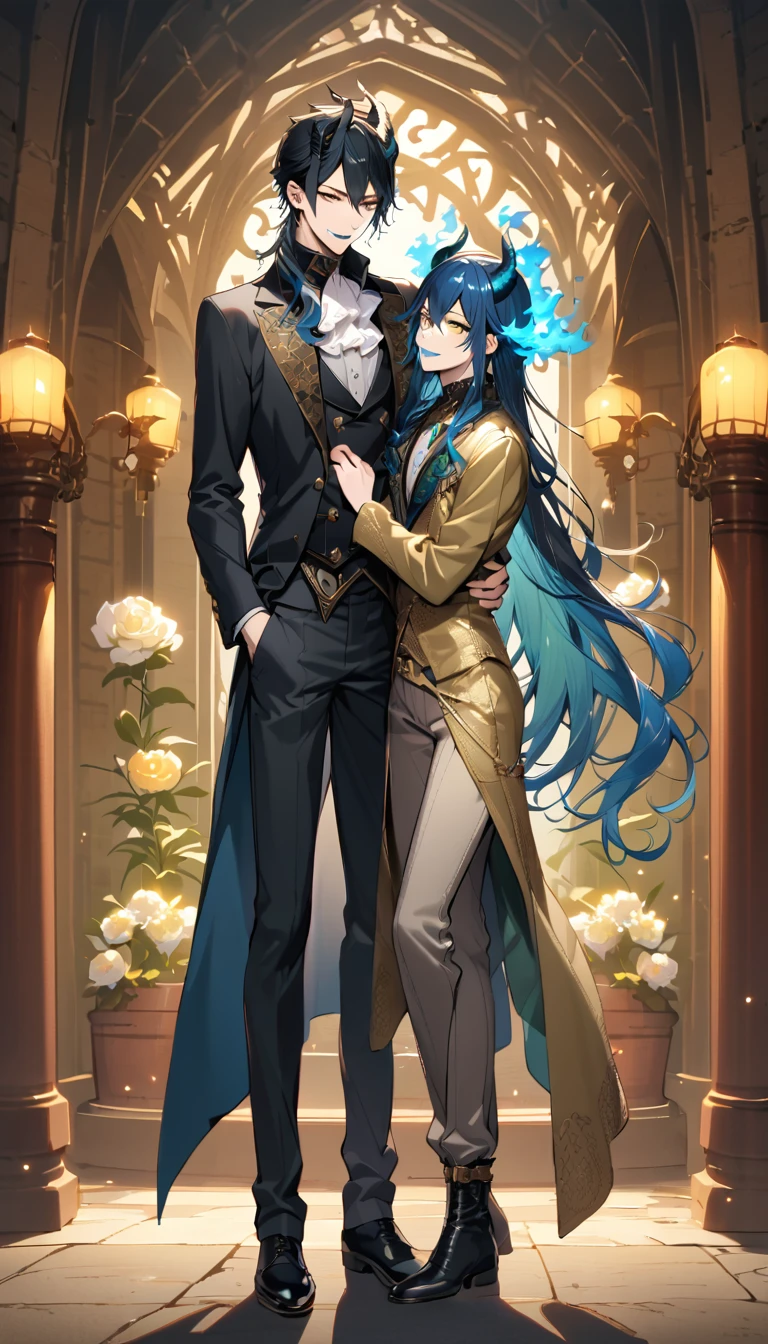 (pieces fly), (highest quality), very detailed, ((two men)), perfect face, beautiful face, very detailed face，full body shot, (black haired man:1.3)，(blue haired man:1.3)，suit，shirt，smile，flower, (1st boy,Idia Shroud, bishounen, boy, male, extremely long hair, blue hair, blue fire hair, wavy hair, yellow eyes, tired expression, blue lips, handsome, skinny, geeky, blue glow, shark teeth,) (2nd boy, malleus draconia \(twisted wonderland\) horns, bishounen, boy, male, long hair, black hair, yellow green eyes, smile, gray lips, handsome, skinny, tall, yellow green glow,)  Two men are hugging each,