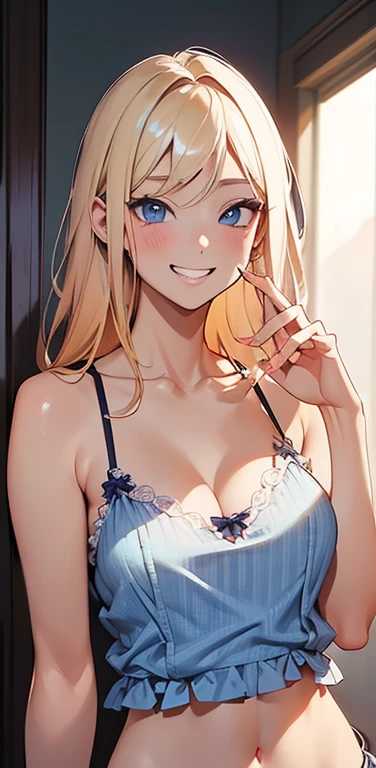 Realistic、1house wife、blonde hair、blue eyes、(eye focus:1.3,face focus,cowboy shot),(gradient eyes:1.3),(sexy camisole top ,sexy panties
)、(grin:1.3),cute face、(tareme:1.3),