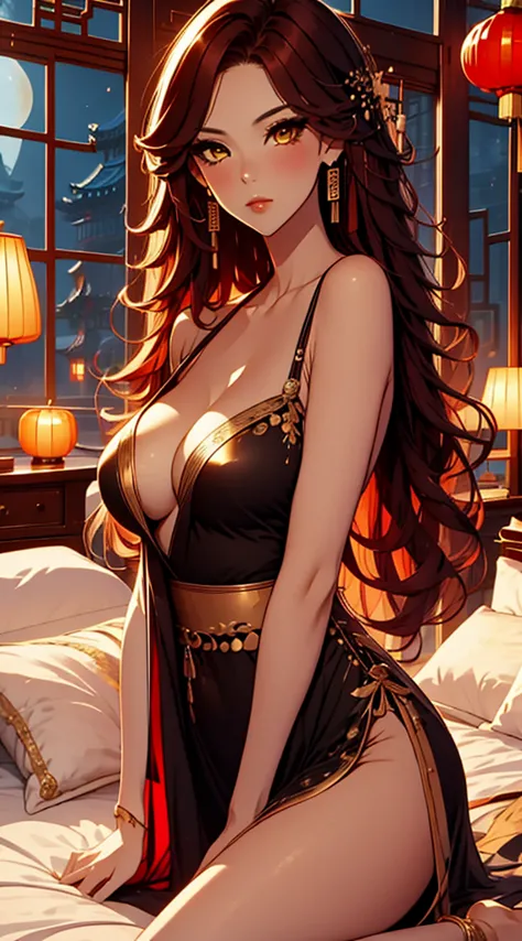 beautiful, xian mei, queen marika, black dress, deep décolleté, wavy red hair, golden eyes, good, sexy, sensual, chinese room, n...