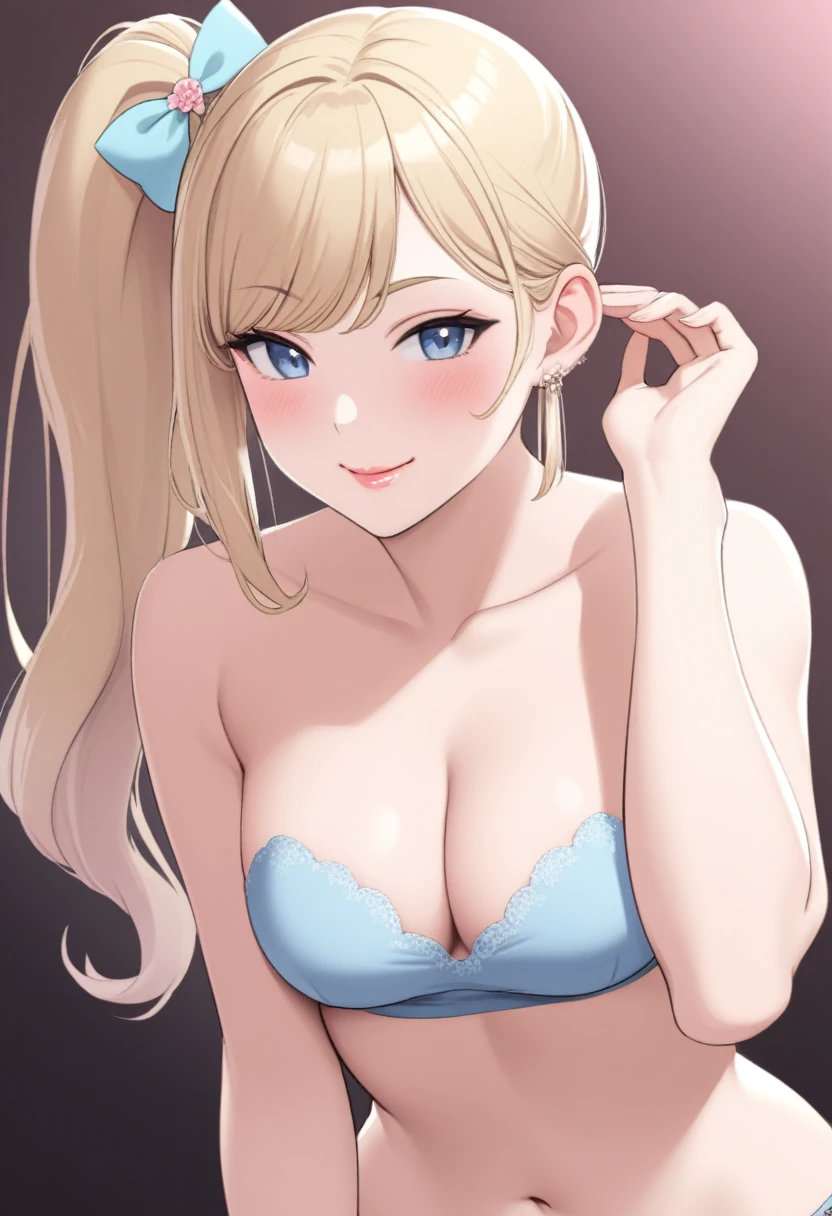 Woman, light blonde hair, pale blue eyes, rosy cheeks, lipgloss, solo, smiling, sassy, bright smile, pink strapless crop top, high side ponytail, light blonde eyebrows, delicate, flat, feminine, pastel pink, posing, flirty, childish, sexy, cute, no breast, lips, flirty, tucking hair behind her ear