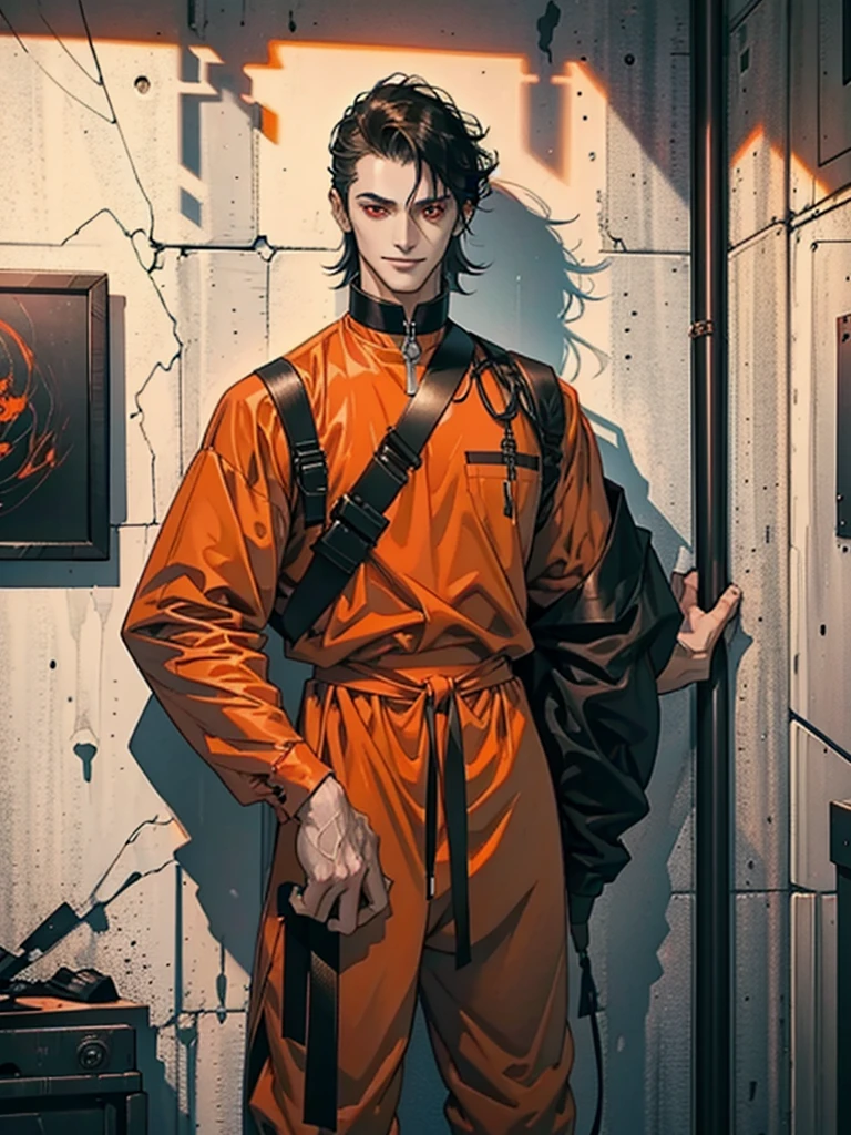 a man, Black medium-length hair, dark red eyes, Slender and tall, prisoner, Perfect male body, Looking at the camera, (Orange prison uniform, Hold your arms tight, Smile, cell), portrait, Dramatic shadows, Prisoner, Chained