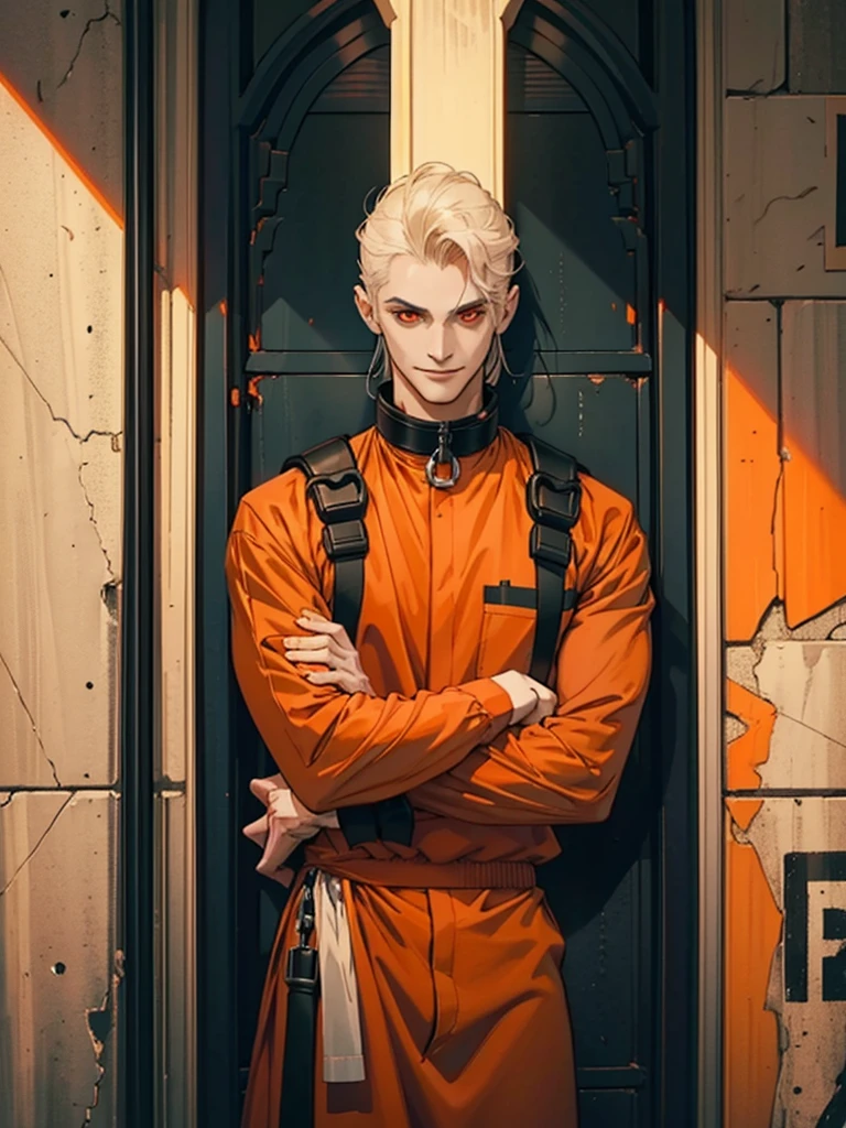 a man, Black medium-length hair, dark red eyes, Slender and tall, prisoner, Perfect male body, Looking at the camera, (Orange prison uniform, Hold your arms tight, Smile, cell), portrait, Dramatic shadows, Prisoner, Chained