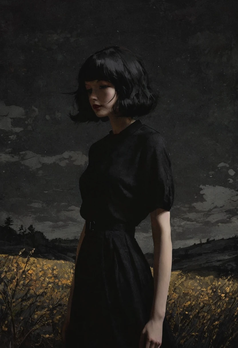 This is Andrew Wyeth - The Art of Andrew Wyeth - with a muted floral palette and a dry brush technique that creates a feeling of calm.(animation. anime, 1 girl, detailed lips, black dress, custom, (dark monochrome background), neon hair, textured crop, masterpiece , retro classic style, dark noir, art, sketch book, (black bob hair 1.75 neon 1.32), bad women 1 one crescent, night, fairytale background) (minimalism: 1) . perfect body anatomy.
