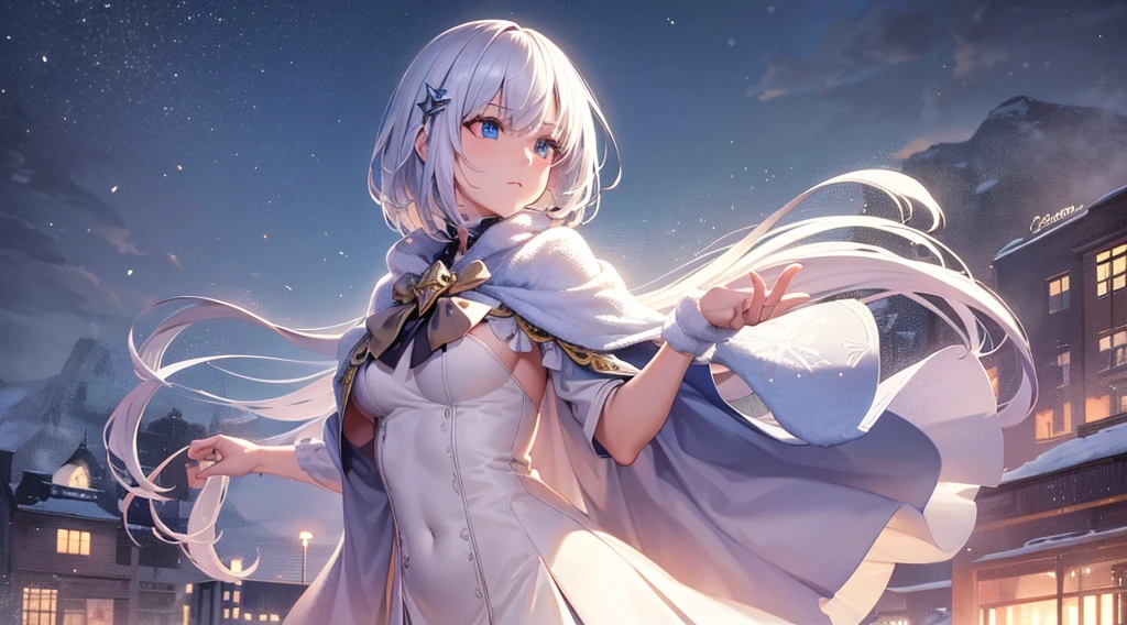 (best quality,4k,8k,highres,masterpiece:1.2),ultra-detailed,(realistic,photorealistic,photo-realistic:1.37),1girl,blue eyes, short hair, white hair, hair clips, hair pins, wearing white hoodies,city,winter snow,night,absurdres,high res, ultrasharp, 8K, masterpiece, looking at viewer, fantasy, magical, snowy rooftops, frosty breath rising, glowing streetlights, ethereal atmosphere, dreamlike, serene, quiet streets, distant city skyline, soft falling snowflakes, intricate details of the girl's face and outfit, delicate snowflakes on her eyelashes, mysterious expression, enchanting beauty, captivating gaze, snow-covered trees, blurred lights in the background, vibrant red contrasted against the white snow, mesmerizing scene, evoking a sense of wonder and magic. BREAK outdoors, city, BREAK looking at viewer, BREAK (masterpiece:1.2), best quality, high resolution, unity 8k wallpaper, (illustration:0.8), (beautiful detailed eyes:1.6), extremely detailed face, perfect lighting, extremely detailed CG, (perfect hands, perfect anatomy),
