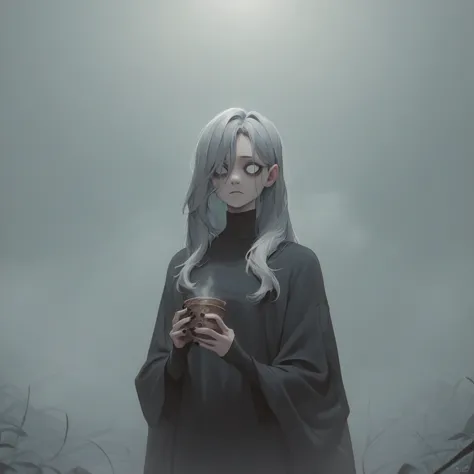 Anime Figures，Dark Villain,Long hair flutters，Grey Hair,  Cool droopy-eyed woman, tobacco, Thick fog around,4K