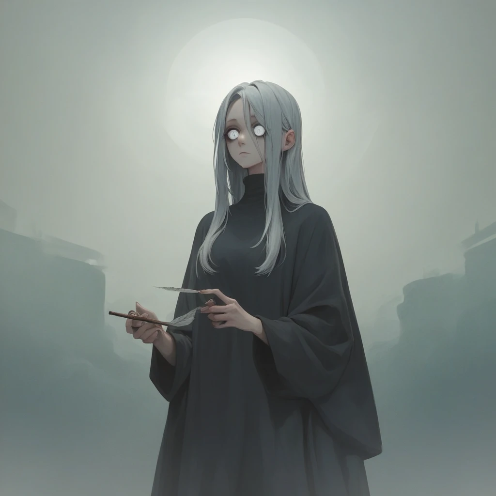 Anime Figures，Dark Villain,Long hair flutters，Grey Hair,  Cool droopy-eyed woman, tobacco, Thick fog around,4K