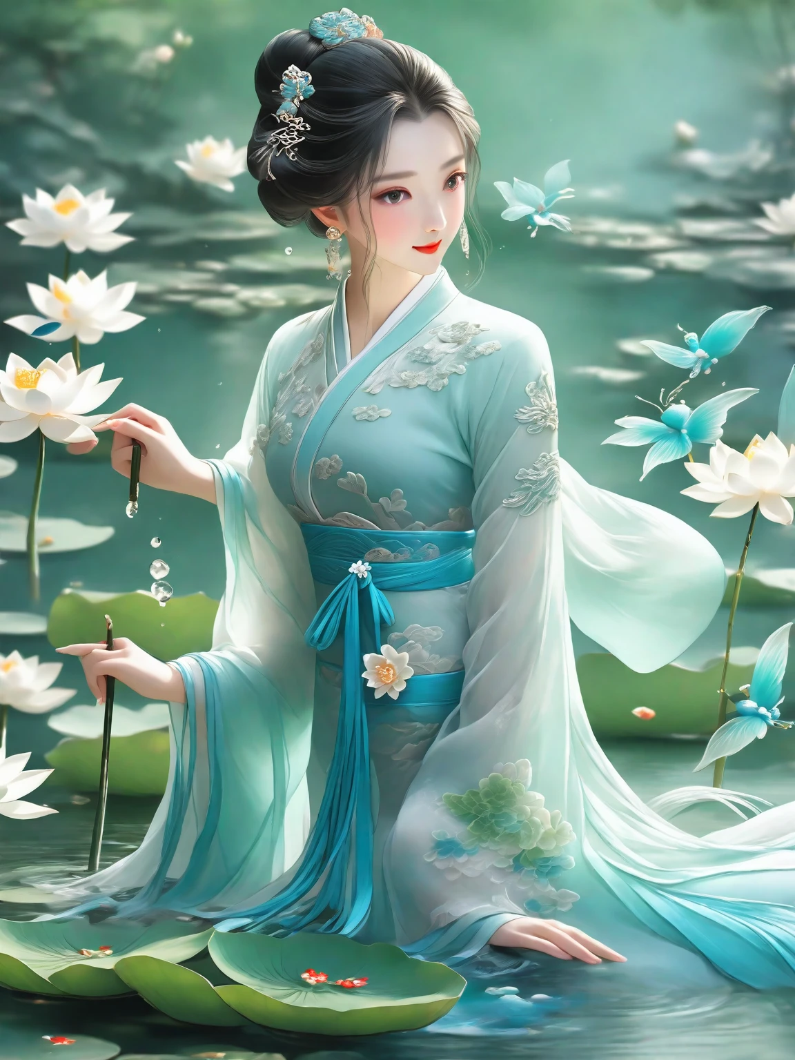 There is a blue dress, 16 long legs, Woman sitting on a stone in the water, elegantly standing on a lotus flower, unearthly beauty, wear blue cheongsam, Court, Girl from Hanfu, wear blue cheongsam, full fairy xia, in the pond, white hanfu, stunning young ethereal figure, flowy dress, light blue, hair behind the ear  