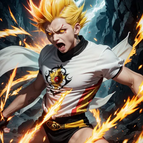 ultra supersayajin, diamond yellow colored hair and red eyes with black pencil painted around it, white clothing with dragon tat...