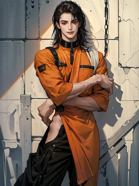 a man, Black long hair, dark red eyes, Slender and tall, prisoner, Perfect male body, Looking at the camera, (Orange prison unif...