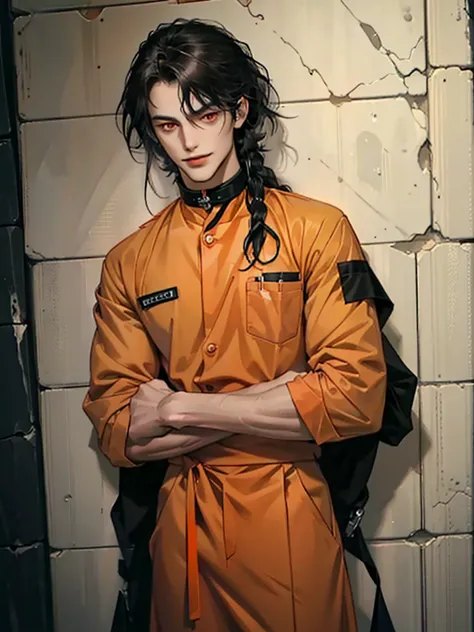 a man, Black long hair, dark red eyes, Slender and tall, prisoner, Perfect male body, Looking at the camera, (Orange prison unif...