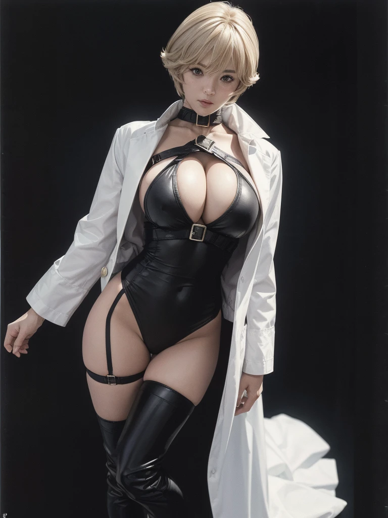 Very short hair, (masterpiece、Highest quality、Official Art), Neck up, View from the front, Looking at the audience:1.5, topless, Underless, White jacket:1.2, Black long boots, Black garter belt, (Black bondage suit:1.2), Black collar, Black choker, Glowing Skin, Realistic:1.9, Very detailed, Full Body Shot:1.2, Cleave, Belly button pussy, Expose the center of the body, High resolution, full color photos, High detail, Extremely realistic detail, Ultimate realistic texture, Ultimate in exquisite detail, Professional photos, Sexy portrait of a girl, Voluptuous bust, Tight waist, Cleavage, Trained abdominal muscles, Big Ass,Complete the whole body, Full body image, No underwear, Highest quality, ((background:facility:1.4)), Suzune, Suzune's clothes