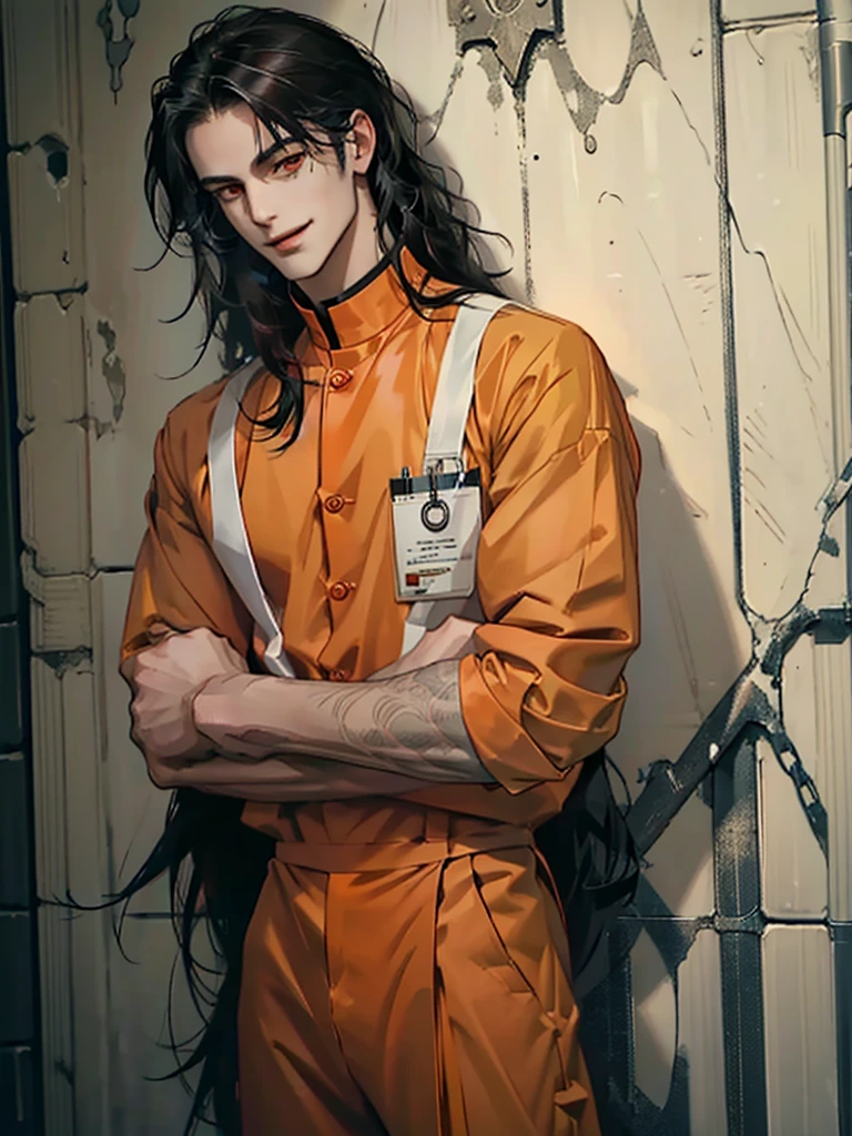 un hombre, pelo largo negro, ojos rojo oscuro, delgado y alto, prisionero, Cuerpo masculino perfecto, mirando a la camara, (Uniforme naranja de prisión, Mantén tus brazos apretados, sonrisa, celúla), Retrato, sombras dramáticas, prisionero, encadenado