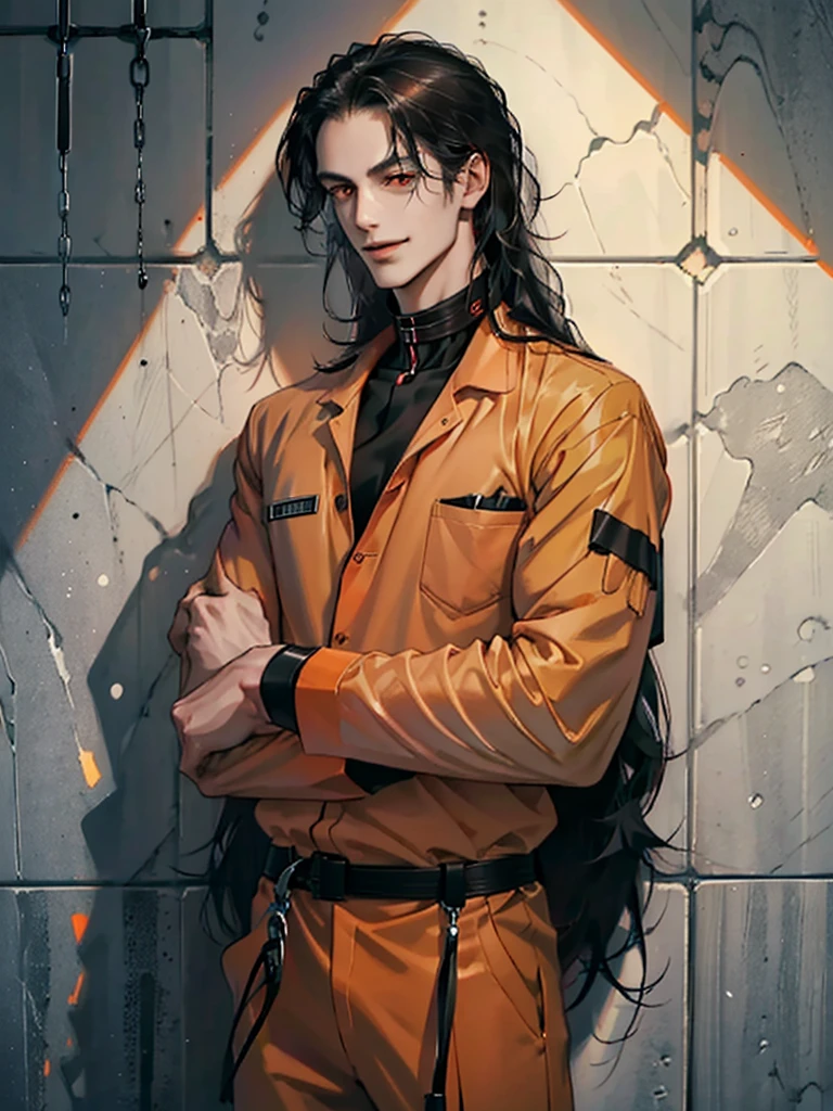 a man, Black long hair, dark red eyes, Slender and tall, prisoner, Perfect male body, Looking at the camera, (Orange prison uniform, Hold your arms tight, Smile, cell), portrait, Dramatic shadows, Prisoner, Chained