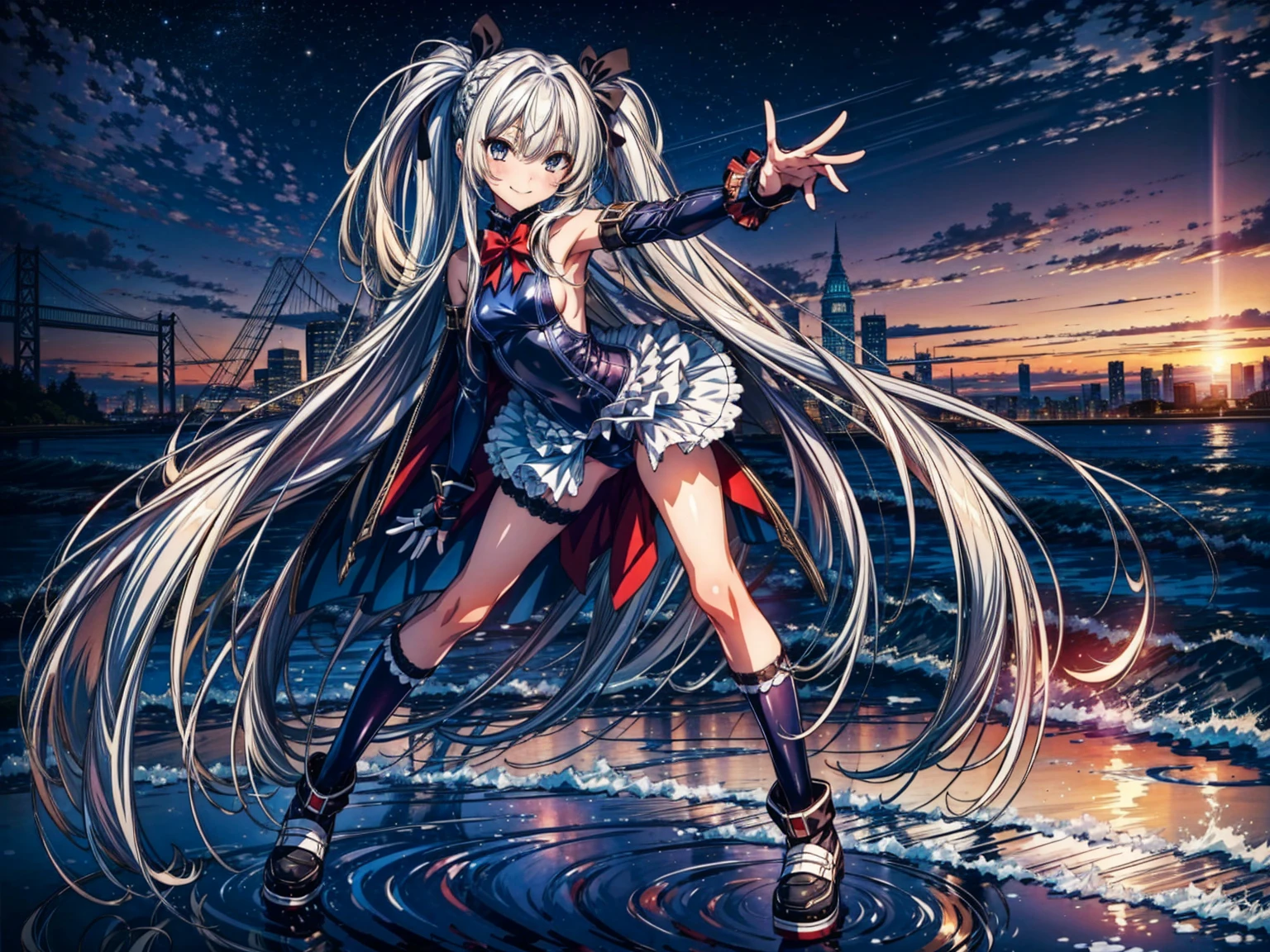 Masterpiece, Very detailed, Highest quality, Sharp focus, 12k, ultra hi resolution picture, big ,12k,Perfect Anatomy, Highest quality, Marie Rose,Wicked Smile,Provocative attitude
,,Wicked Smile,Anime Style,(Ruffled swimsuit, Knee socks, Removed sleeve), (Anime Style:1.4) ,
,(White fingers:1.1,Black gloves),
Hollow Eyes,,(1 little girl:1.4)、,(Very long hair:1.6),(full  body:1.3),
