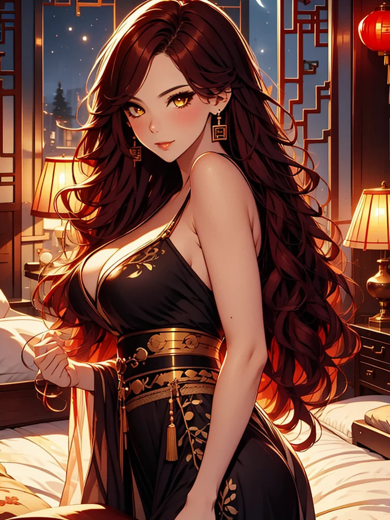 beautiful, Mark, Queen Mark, black dress, deep décolleté, wavy red hair, golden eyes, Good, sexy, sensual, chinese room, night, smiles, facial redness, looking back